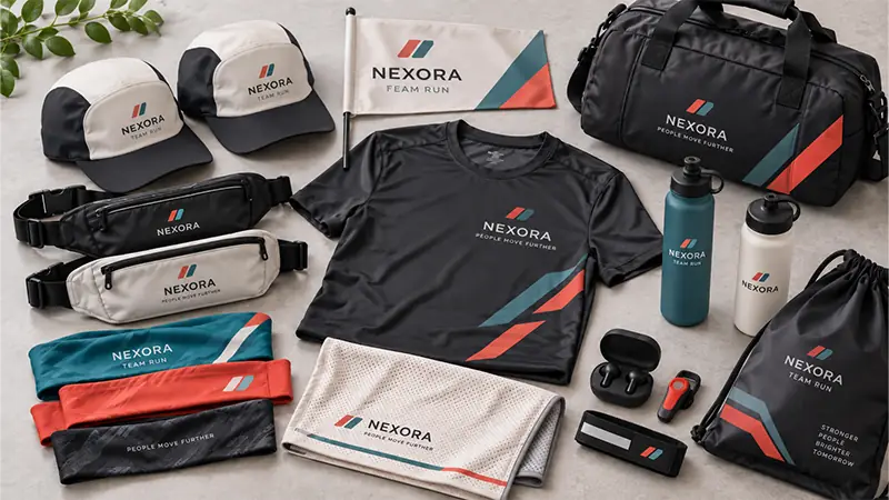 Corporate team run merchandise package with custom apparel, bags, drinkware, and sports accessories