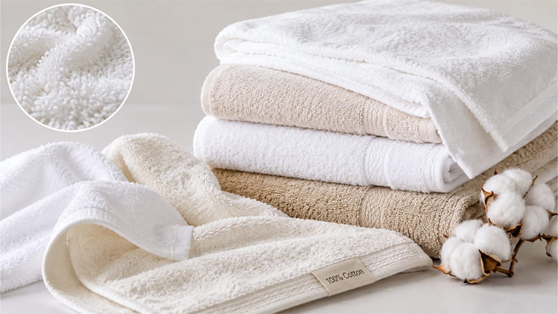 Folded cotton towels with a close-up of the looped pile