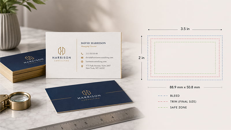 elegant business card mockup with right side size guide showing 3.5 x 2 inch dimensions bleed trim and safe zone