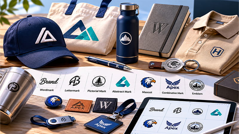The 7 types of logos shown on custom products including apparel, drinkware, packaging and promotional gifts