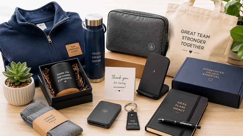 Employee appreciation gift set with hoodie, notebook, tumbler, tech pouch, thank-you card and tote bag on a clean office desk