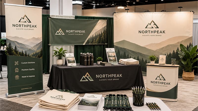 Trade show booth display with branded backdrop, retractable banner, table cover and coordinated promotional materials