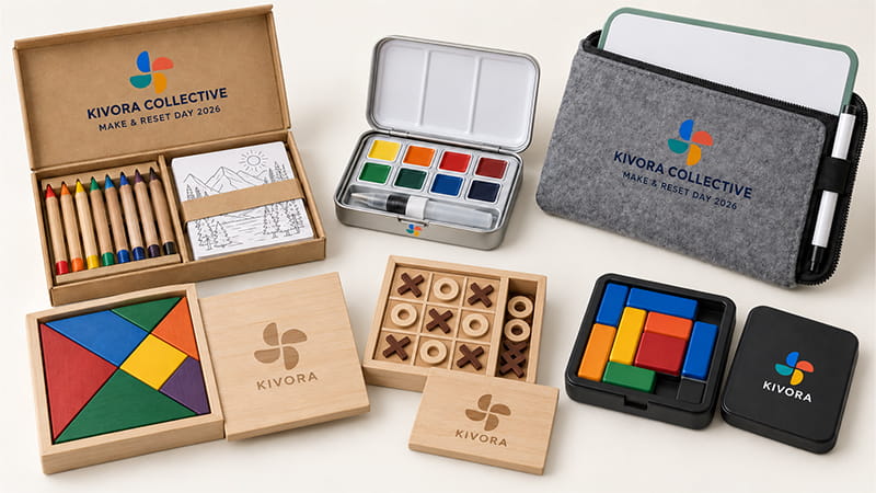 Creative kits and brain teasers including colored pencils, watercolor paints, wooden puzzles, tangrams, and compact logic games.