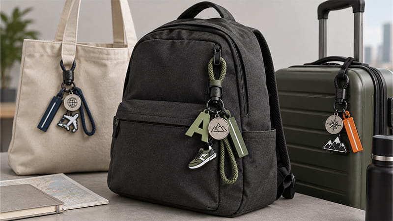 Custom bag charm sets attached to a tote, backpack, and luggage, using letters, travel icons, and small decorative charms.