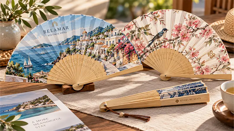 Custom bamboo folding fan with printed artwork for events, tourism promotions, and branded souvenirs