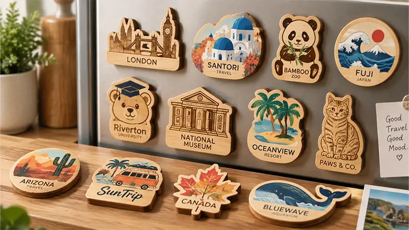 Custom bamboo fridge magnets designed as collectible souvenirs with landmark, travel, and mascot shapes