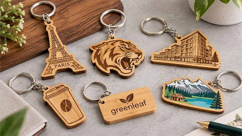 Custom bamboo keychains with engraved shapes and logos for souvenirs and promotional giveaways