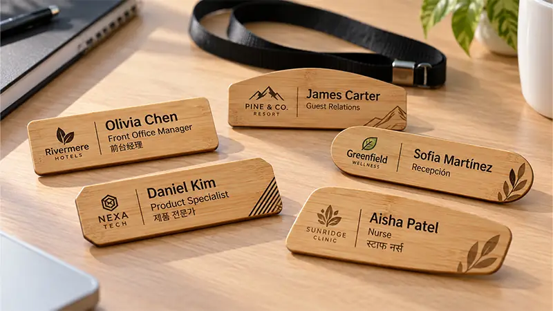 Custom bamboo name badges with engraved names and logos for employee identification and branded events