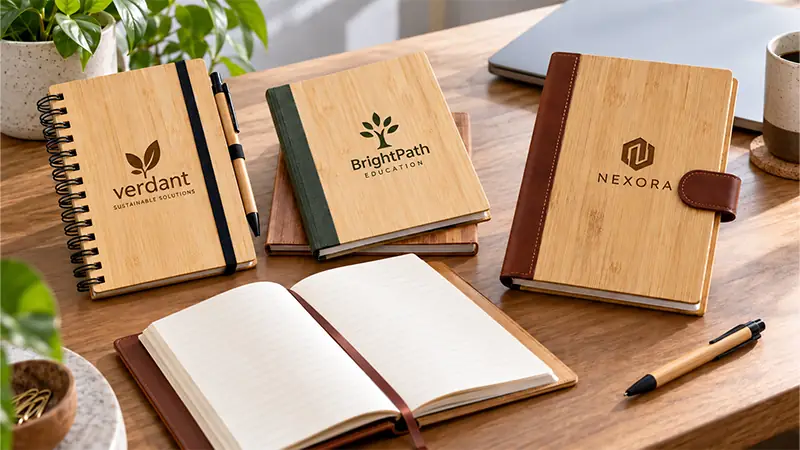 Custom bamboo notebooks and journals with engraved covers for employee gifts, client gifts, and branded programs