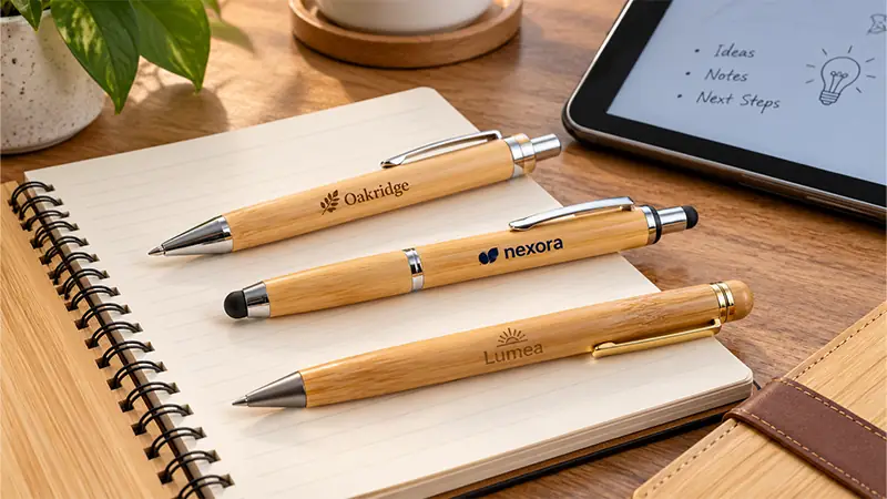 Bamboo promotional gifts including custom pens, notebooks, drinkware, and accessories for business events and campaigns