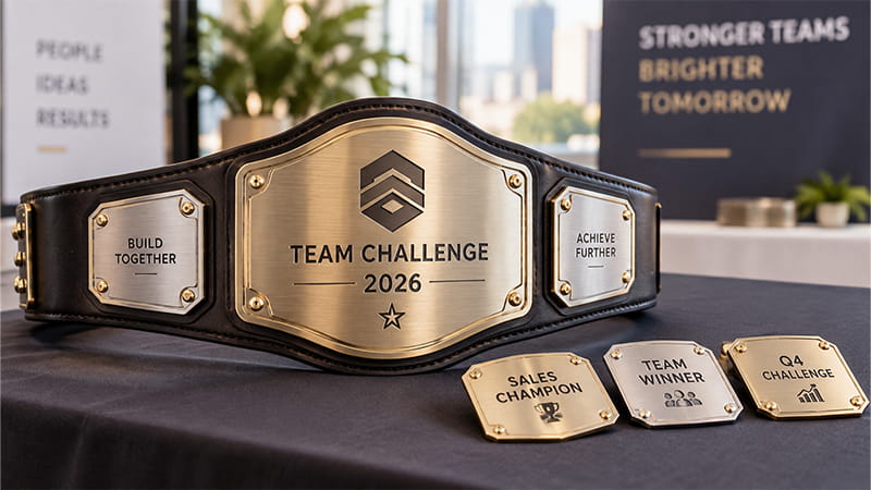 Custom championship belt with a large team challenge plate and smaller interchangeable award plates for different winners.