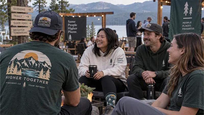 Event attendees wearing custom T-shirts, caps, and casual apparel with coordinated mountain-themed artwork at an outdoor company gathering.
