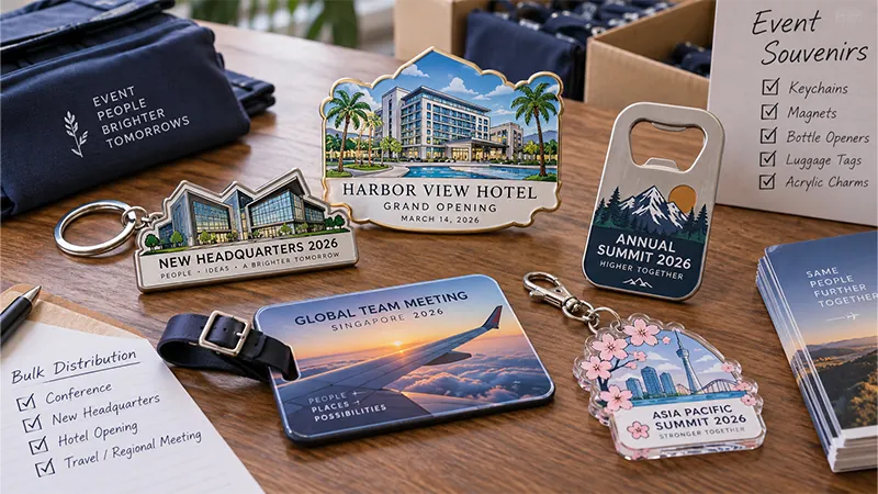 Custom event souvenirs including a building-shaped keychain, hotel magnet, bottle opener, luggage tag, and acrylic charm with event-specific artwork.