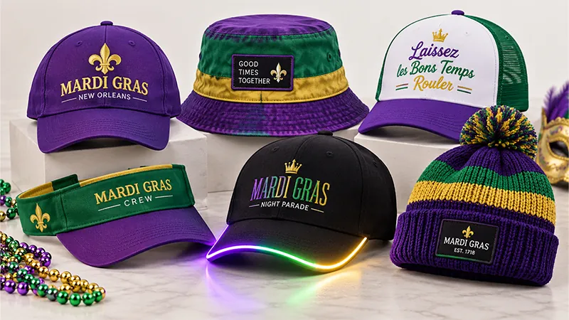 Custom Mardi Gras hats including baseball caps, a bucket hat, trucker cap, visor, knit beanie, and a light-up cap in purple, green, and gold.