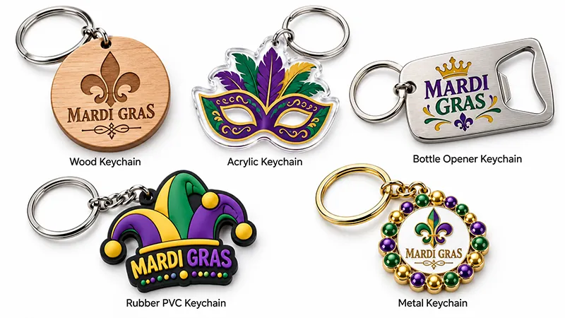 Custom Mardi Gras keychains in wood, acrylic, soft PVC, metal, and bottle-opener styles with themed symbols and artwork.