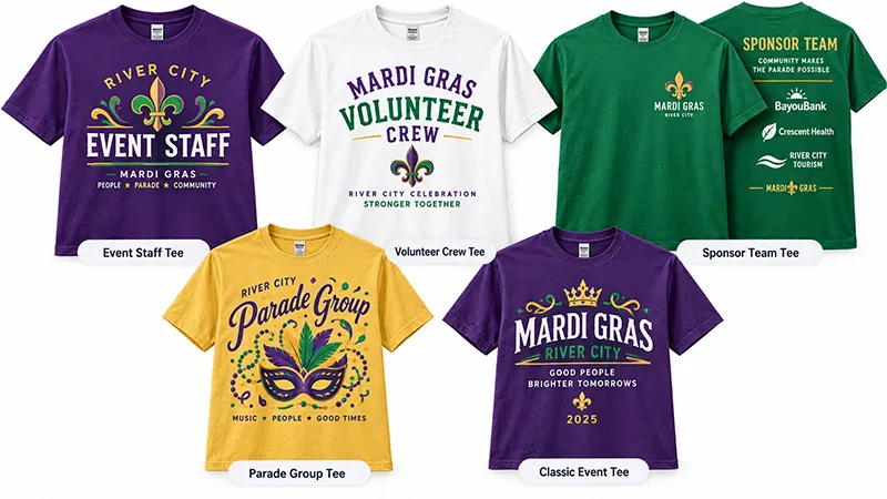 Custom Mardi Gras T-shirts with different designs for event staff, volunteers, sponsors, parade groups, and event attendees.