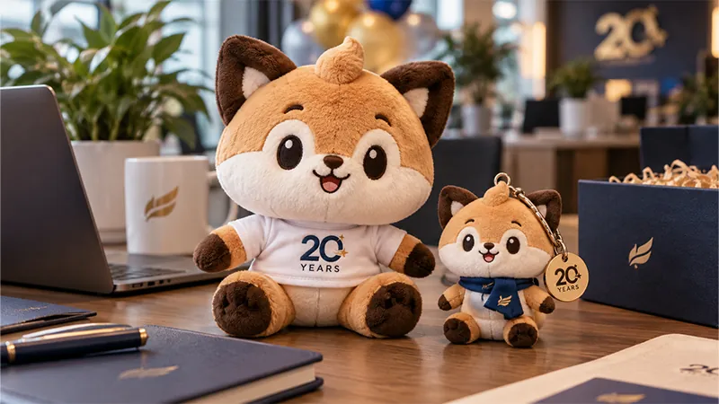 Custom company mascot plush and smaller plush keychain with 20th anniversary details, showing two sizes for company celebration souvenirs.