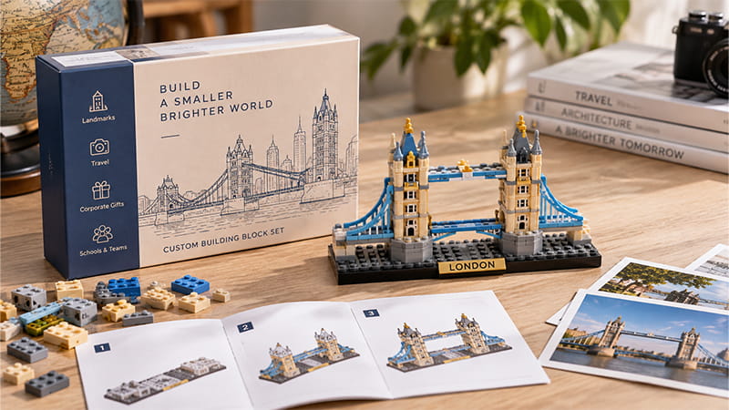 Custom mini building block set recreating London’s Tower Bridge, shown assembled beside its packaging and loose building pieces.