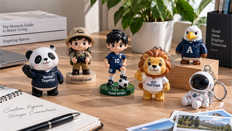 Custom mini figures and mascots representing a panda, traveler, football player, lion, and astronaut with different clothing and accessories.