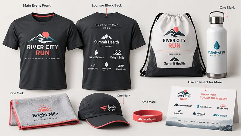 Custom race merchandise branding layout showing different logo placements across products