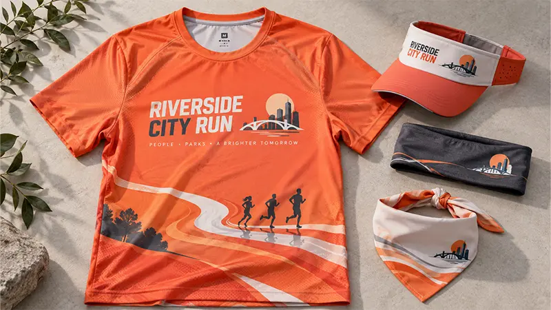 Custom running race apparel including event shirts, caps, and accessories for participant swag bags