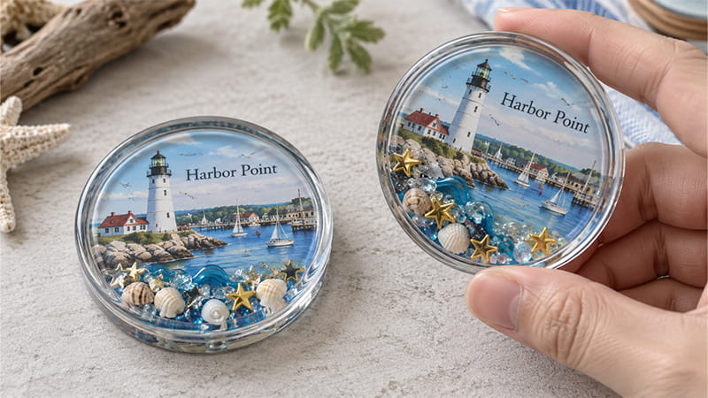 Shaker souvenir magnets with a harbor scene and loose shells, stars, and colored pieces that move inside the clear case.