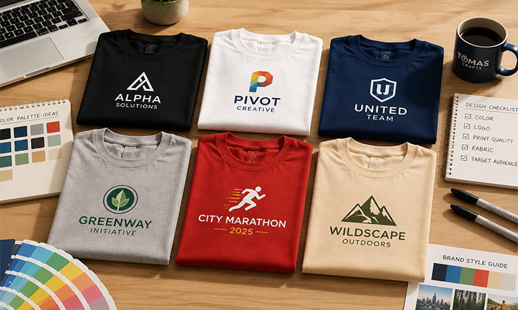 Different T-shirt colors with logo designs showing how color choices affect custom apparel branding