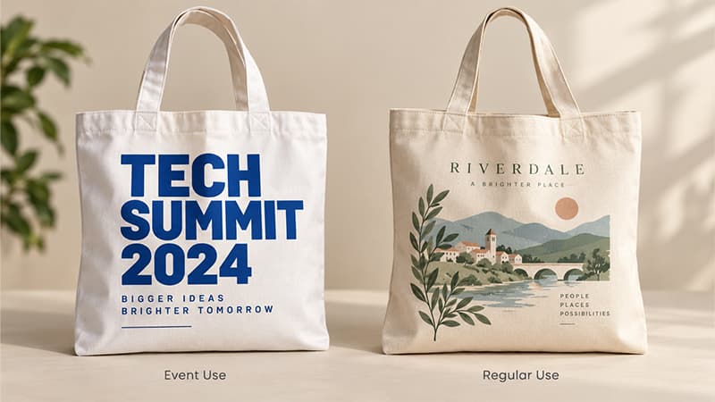 Two custom tote bags compared for different uses: a bold event graphic on the left and a more understated illustrated design for everyday use on the right.