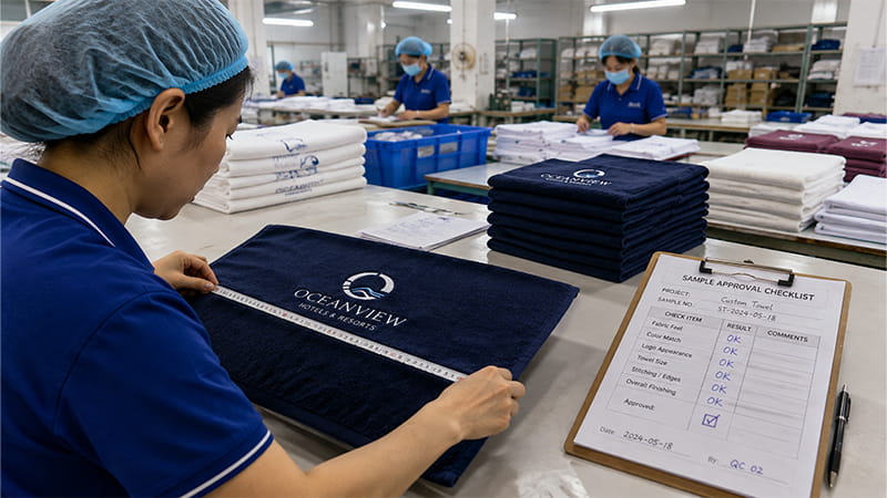 Worker measuring an embroidered towel beside a sample approval checklist