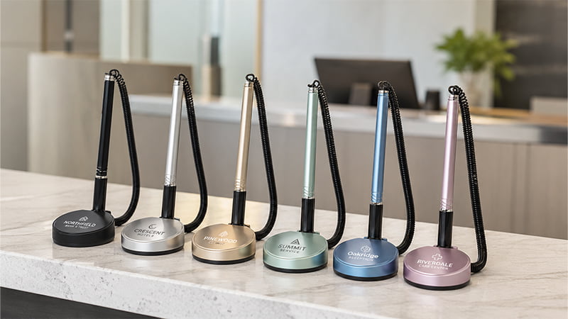 Chained desk pens secured to bases with coiled cords