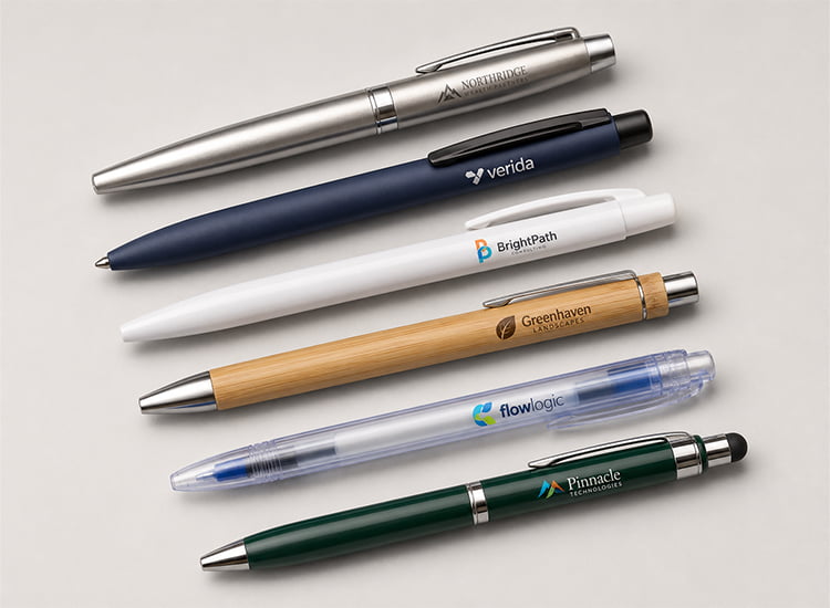 Six branded pens including metal, soft-touch, plastic, bamboo, transparent, and stylus styles