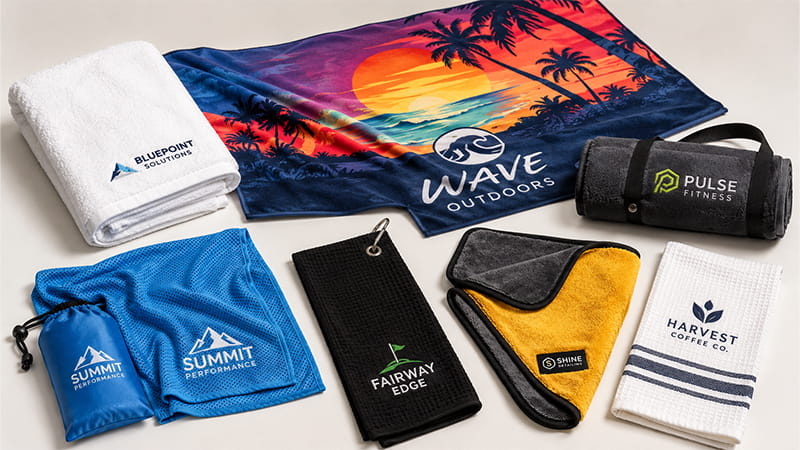 Assorted custom towels for beach, fitness, golf, car care, hospitality, and kitchen use