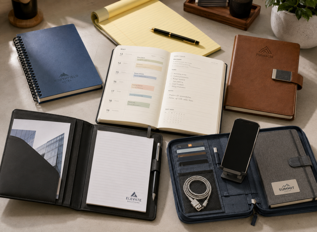 Different types of notebooks for work, school, and gifts including spiral notebooks, planners, portfolio notebooks, and business notebooks