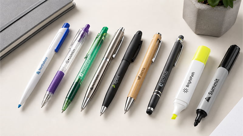 Assorted branded pens including plastic, metal, bamboo, stylus, highlighter, and marker styles