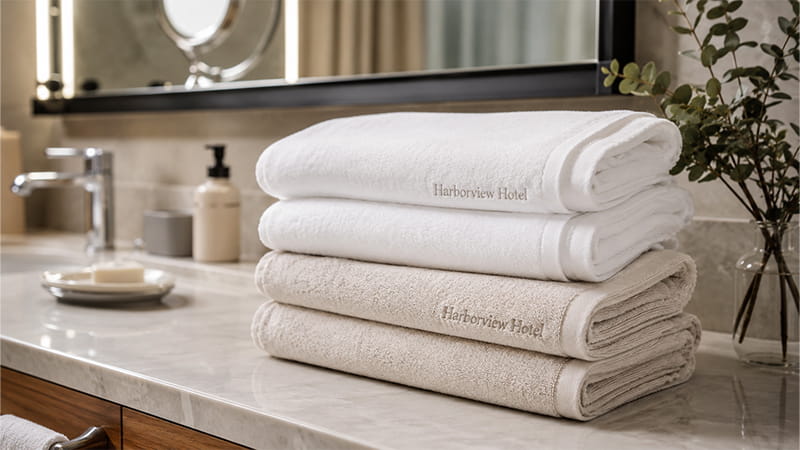 Folded hotel bath towels with embroidered logos