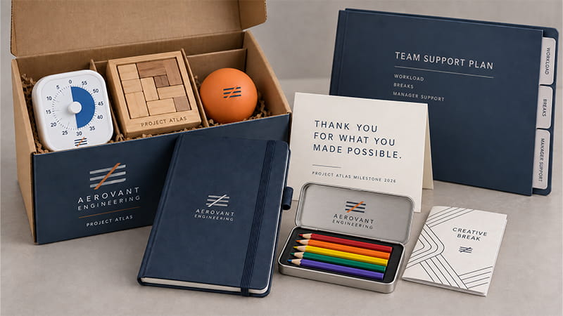 Employee appreciation gift set with a desk puzzle, tactile item, notebook, creative kit, and thank-you message card.