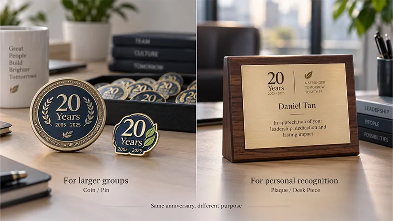 Twenty-year service pins displayed beside a personalized wooden plaque with the recipient’s name and service anniversary details.