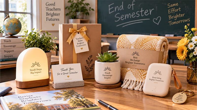 End-of-semester teacher appreciation gifts with a thank-you card, blanket, mug, small desk light, plant, and gift box in a classroom setting.