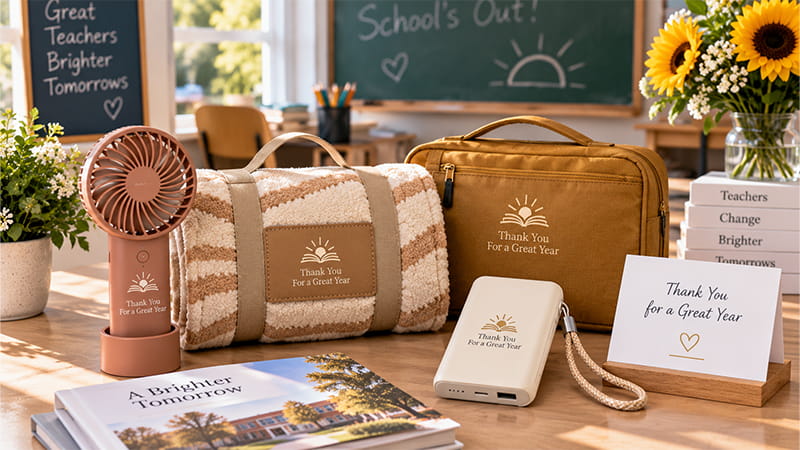 End-of-year teacher gifts with a blanket, tote bag, portable fan, appreciation card, and practical summer items.