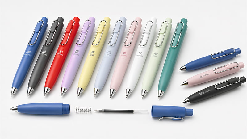 A refillable click pen opened to show its spring and ink cartridge