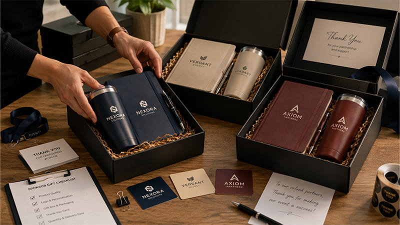 Sponsor thank-you gift boxes with tumblers, notebooks, business accessories, and appreciation cards prepared for event partners.
