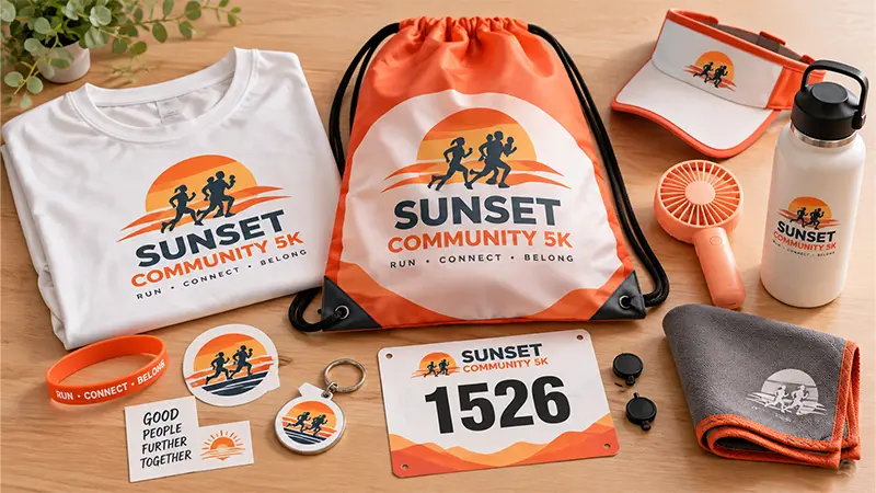 5K community run swag products with custom medals, keychains, and participant merchandise