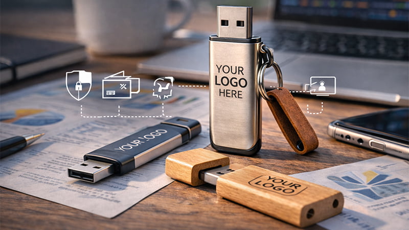 Branded USB flash drives in a premium B2B marketing kit, preloaded with catalogs, video, and 3D content.
