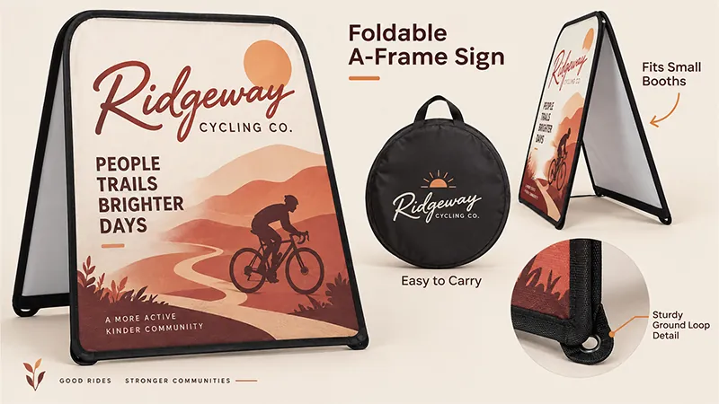 Foldable A-frame sign with a carry bag for attracting aisle traffic at trade shows