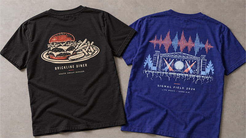 Food and beverage T-shirt design featuring a restaurant-style illustrated food graphic.