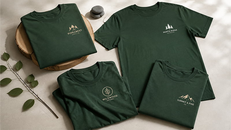 Forest green custom T-shirts with nature-inspired logos arranged on a neutral background