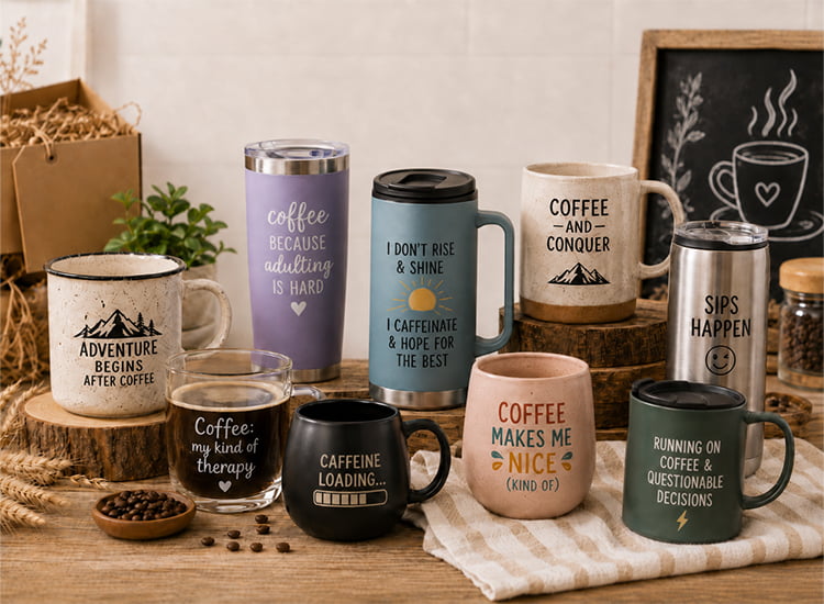 Custom coffee mugs and tumblers featuring funny coffee quotes and sayings