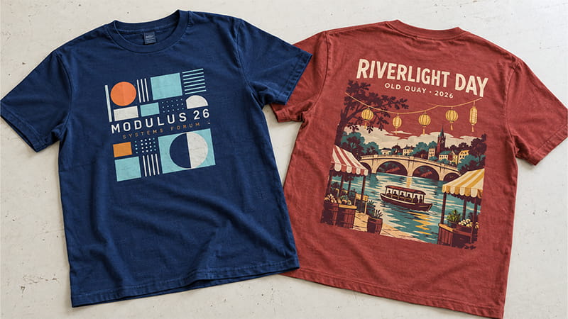 Two T-shirt design examples comparing a geometric pattern made with shapes and lines with a storytelling illustration built from multiple scene elements.
