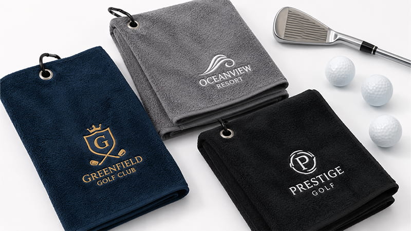 Golf towels with grommet clips beside balls and a golf club