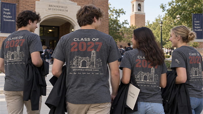 Graduation T-shirt design featuring a class year and school-related artwork.